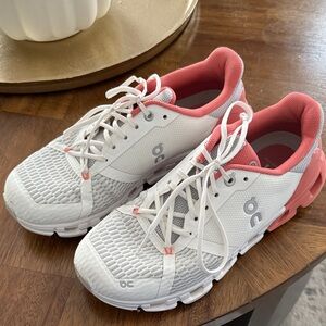 On Running White and Coral Sneakers